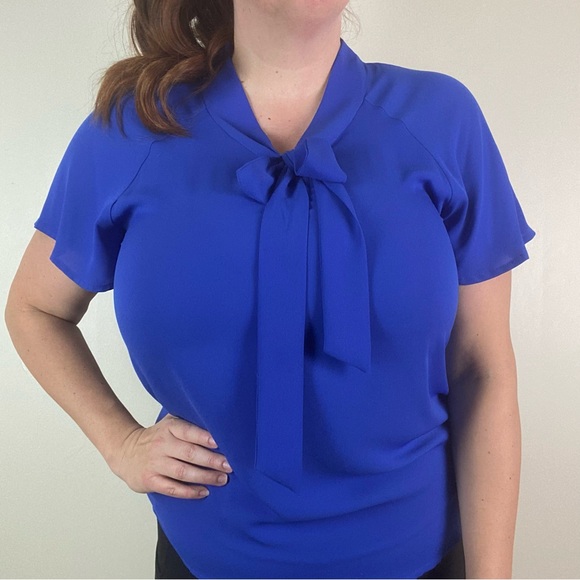 Pleione Flutter Sleeve Bow Tie Front Blouse Size XL Cobalt Blue - Picture 6 of 13